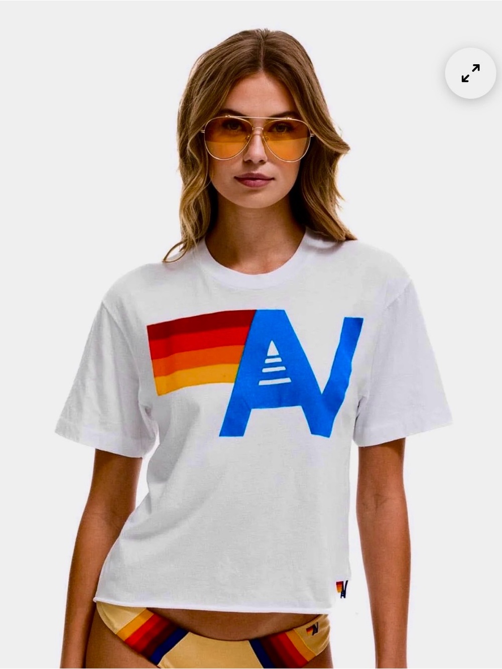 Aviator Nation White Tee with Blue 'A' and Red-Orange-Yellow Stripes
